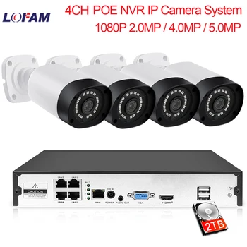 LOFAM 2.0 MP 4.0 MP 5.0 MP 4CH POE NVR Kit 1080P H. 265 Външна Водоустойчив Дневната Нощен PoE IP Система за Видеонаблюдение, Система за видео наблюдение