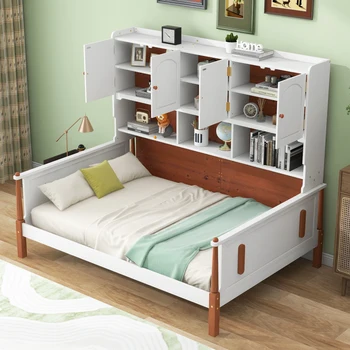 Двойно легло-платформа с множество места за съхранение, здрава конструкция, модерен и непринуден стил, лесен за монтаж, бяло + орех