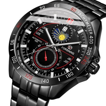 Луксозни Маркови спортни мъжки часовници, черни военни автоматични Механични часовници, Прозорец за дата фаза на Луната, Стоманена каишка, светлинен