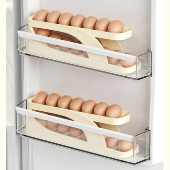 Плъзгаща се стойка за яйца, Кутия за съхранение, Органайзер за яйца, Разтегателен Хладилник, спестява място в кухнята, Захранващи яйца