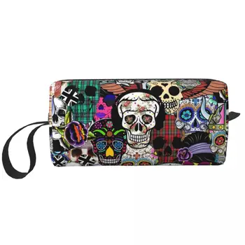 Косметичка с череп в Мексиканския Ден на мъртвите за жени, козметичен органайзер за пътуване, Сладко чанта за съхранение на тоалетни принадлежности на Хелоуин