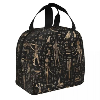 Чанта за обяд и за жени и деца, йероглифи на Древните Египетски богове, черно термоохладитель, водоустойчив Оксфордския обяд-бокс за пикник чанта за хранене